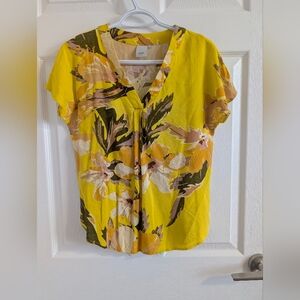 ICHI Yellow Floral V-Neck Short Sleeve Viscose Blouse Boho Summer Top XS